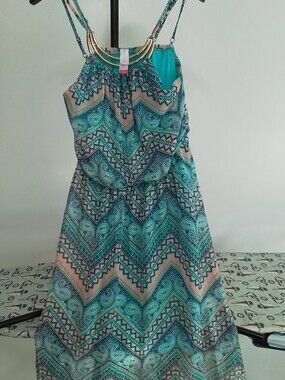 No Boundaries Teal Chevron-Print Casual Sundress with Gold Accent